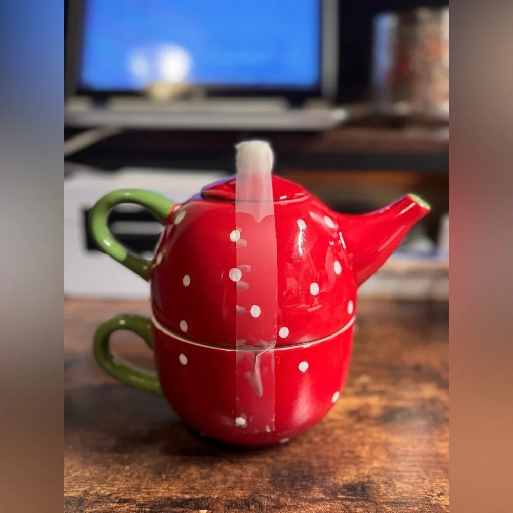 Pier 1 Imports Snow Ball Stacking Teapot & Teacup Set | Hand-Painted Dolomite